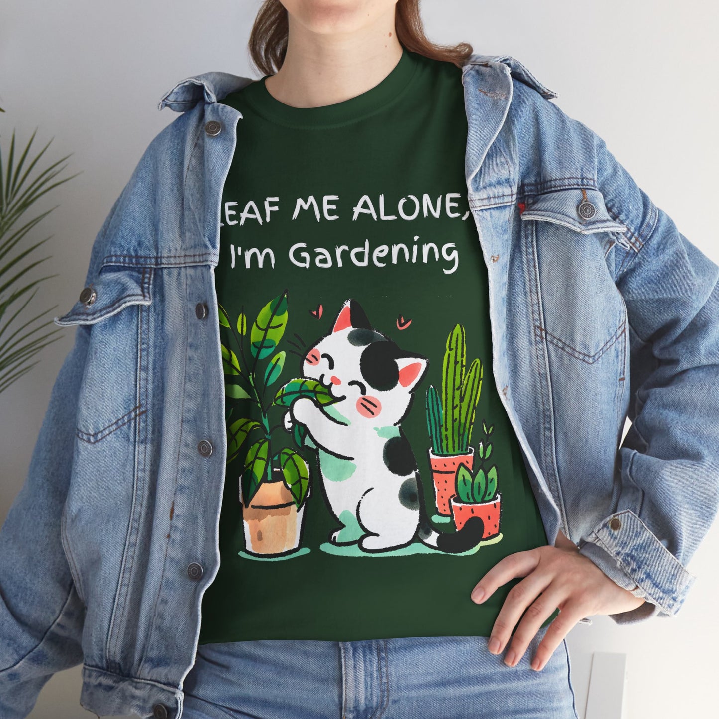 Leaf Me Alone Gardening Cat - Unisex Heavy Cotton Tee