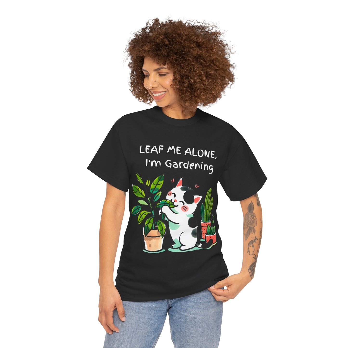 Leaf Me Alone Gardening Cat - Unisex Heavy Cotton Tee