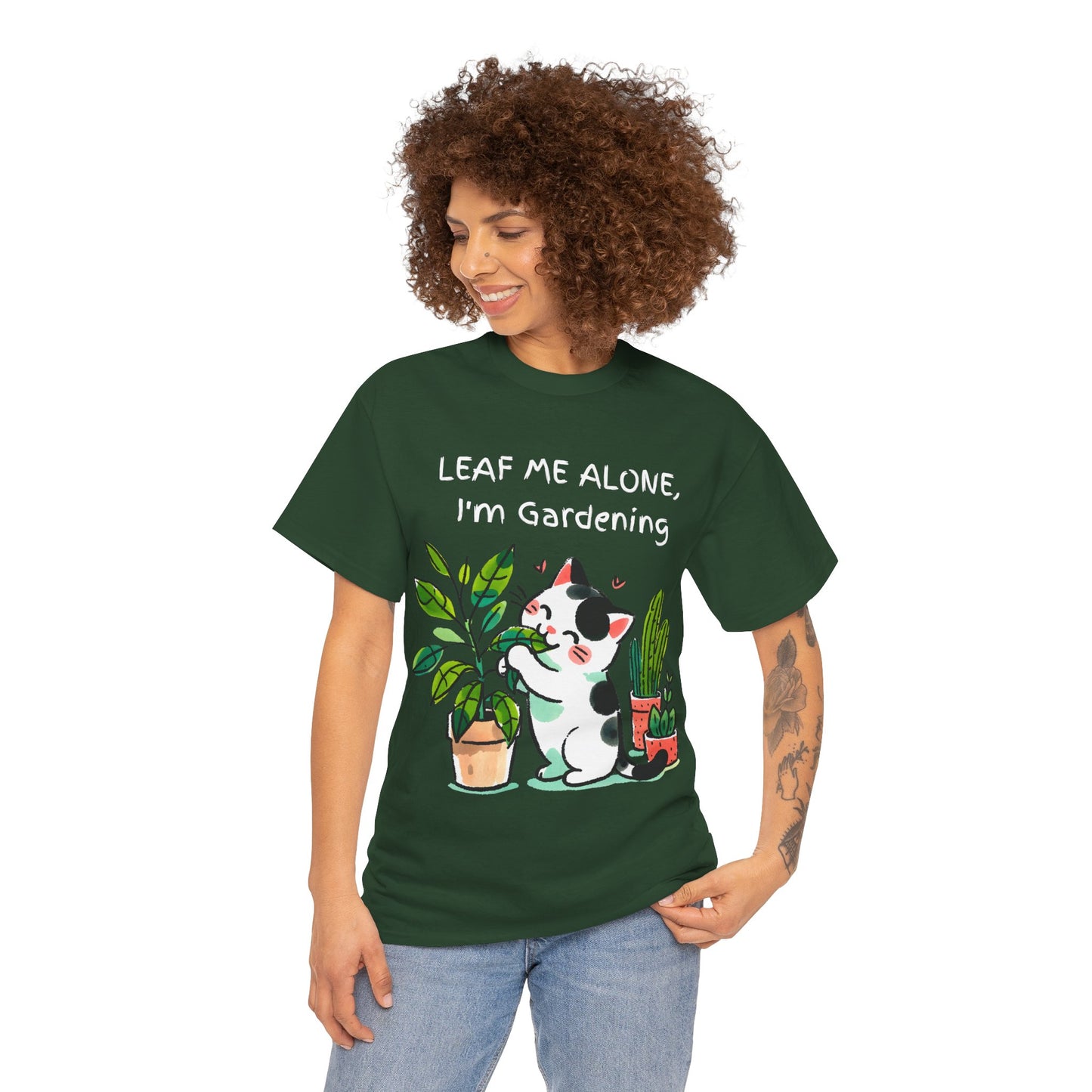 Leaf Me Alone Gardening Cat - Unisex Heavy Cotton Tee