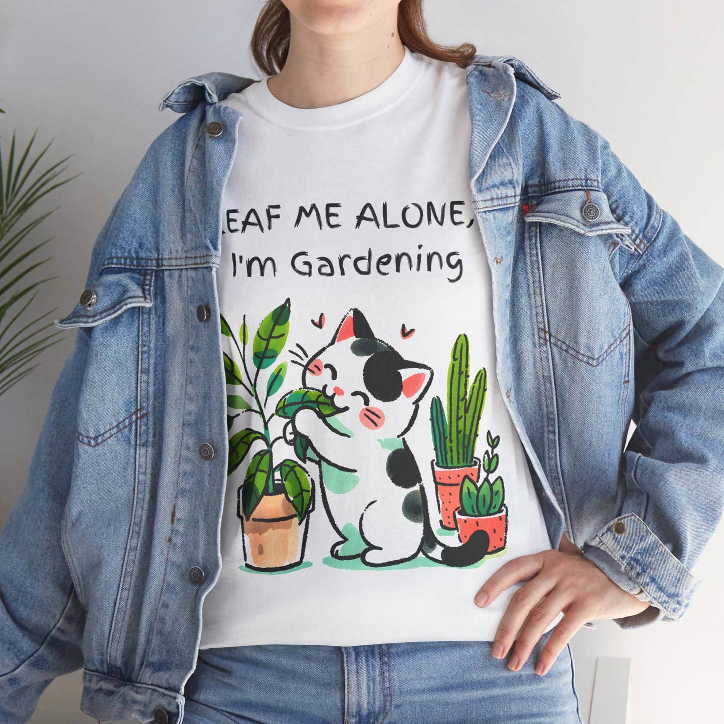 Leaf Me Alone Gardening Cat - Unisex Heavy Cotton Tee