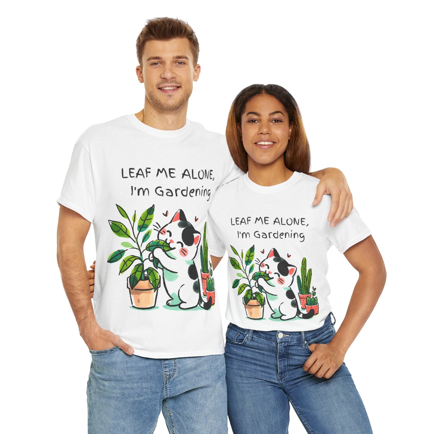 Leaf Me Alone Gardening Cat - Unisex Heavy Cotton Tee