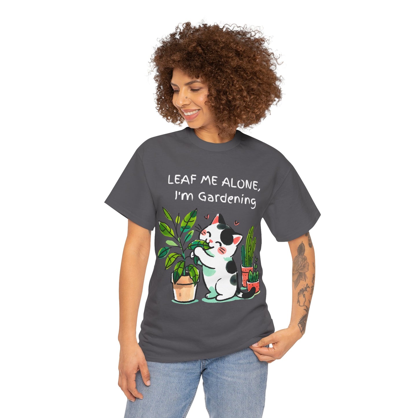 Leaf Me Alone Gardening Cat - Unisex Heavy Cotton Tee