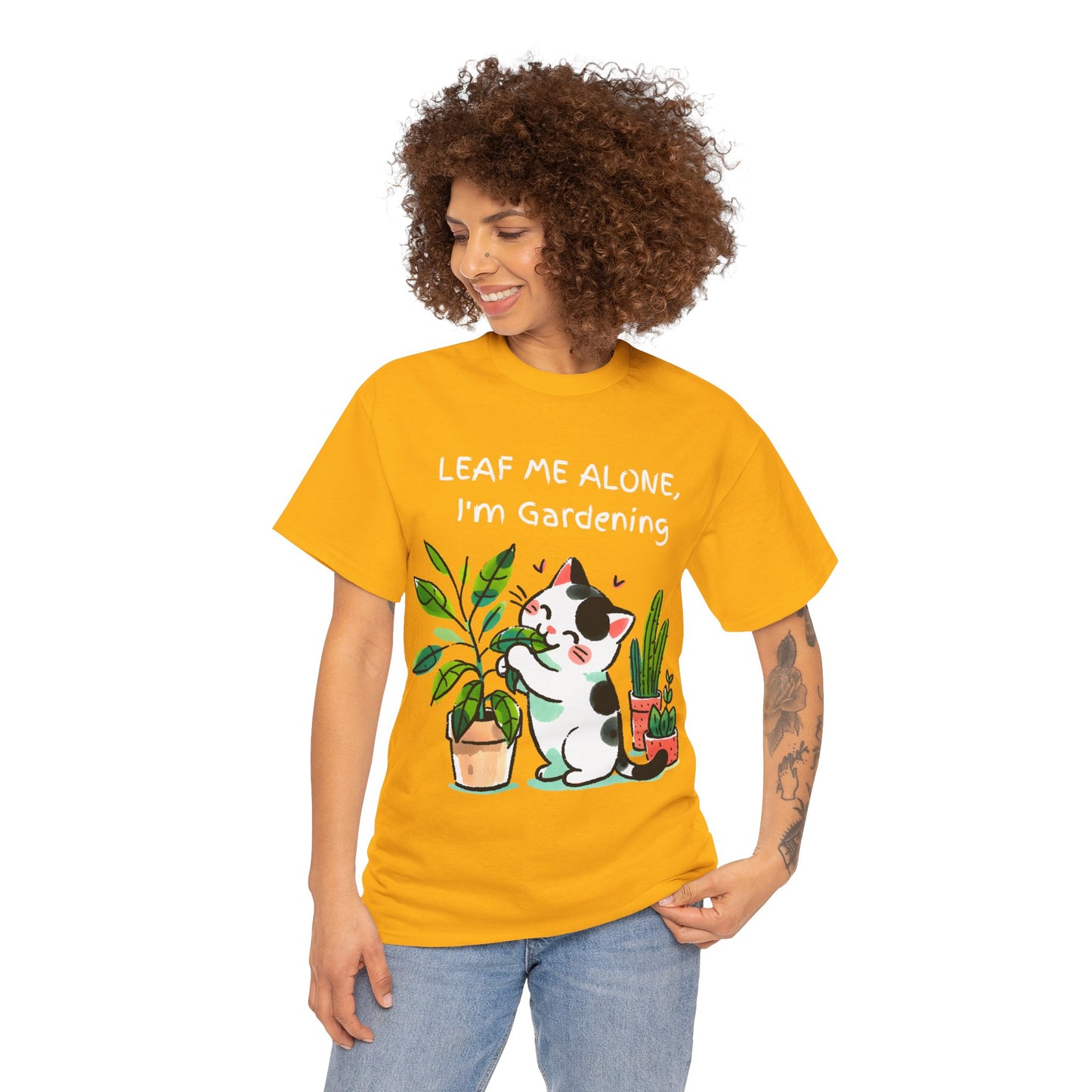 Leaf Me Alone Gardening Cat - Unisex Heavy Cotton Tee