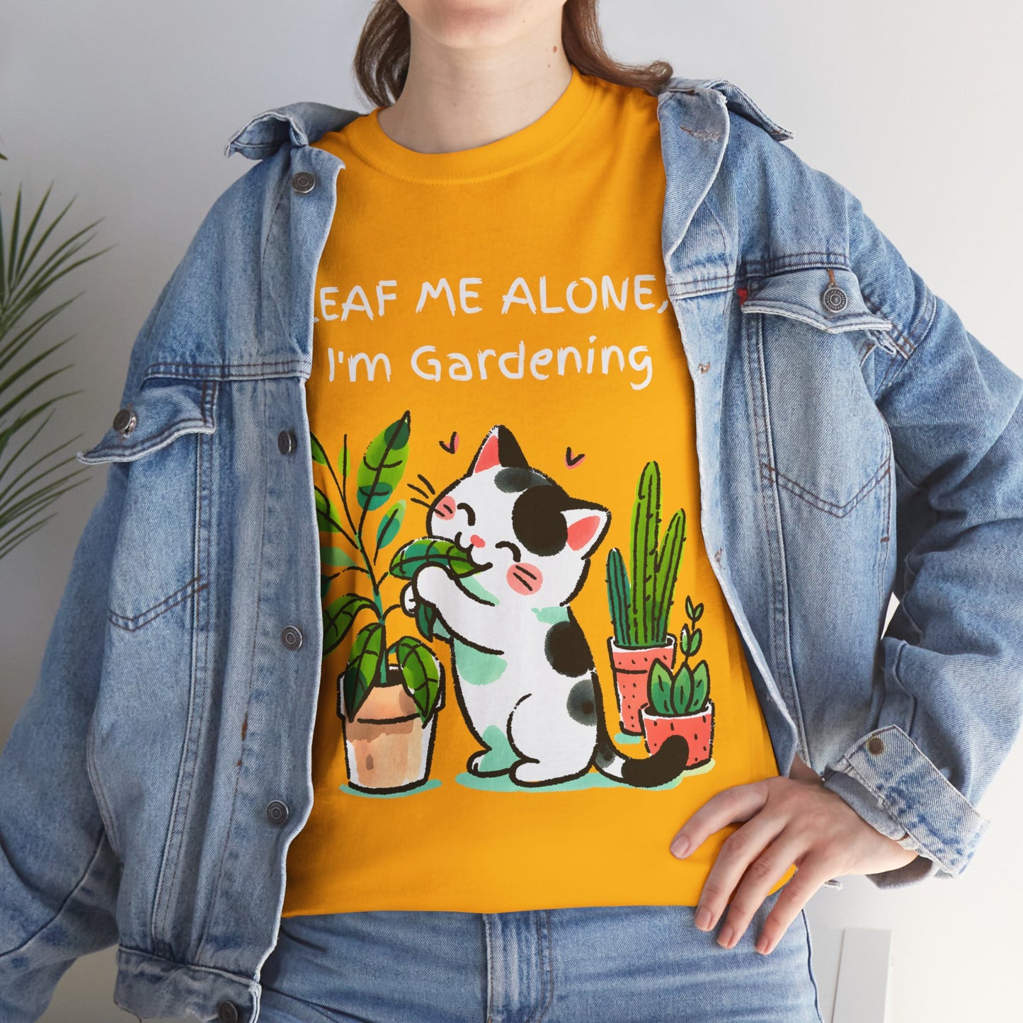 Leaf Me Alone Gardening Cat - Unisex Heavy Cotton Tee