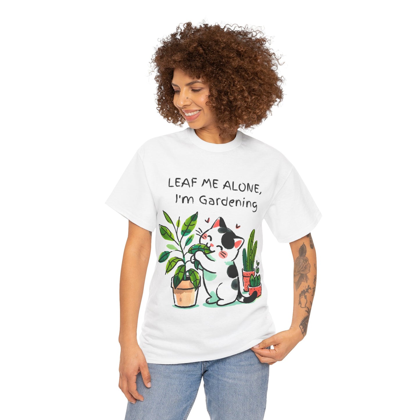 Leaf Me Alone Gardening Cat - Unisex Heavy Cotton Tee